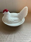 Vintage White Milk Glass Hen Rooster On Nest Large Basket Candy Dish 7.25"