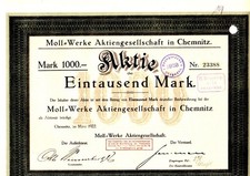 AUTOS: Aktie der MOLL-Werke &uuml;ber 1000 M von 1922, Chemnitz