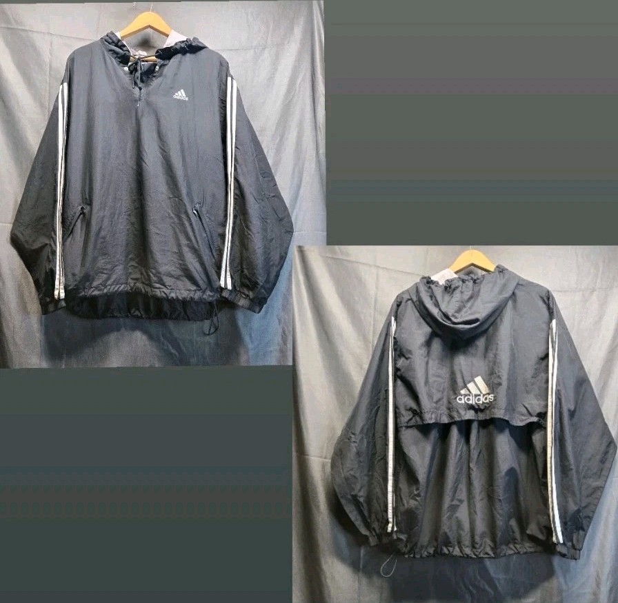 Vintage ADIDAS Men's Large Pullover Black Windbreaker Hoodie Jacket Logo Embroid