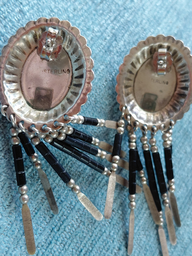 Native American Sterling Conch Black Onyx Dangle Post Earrings + Ring 6-1/2 - Picture 6 of 6
