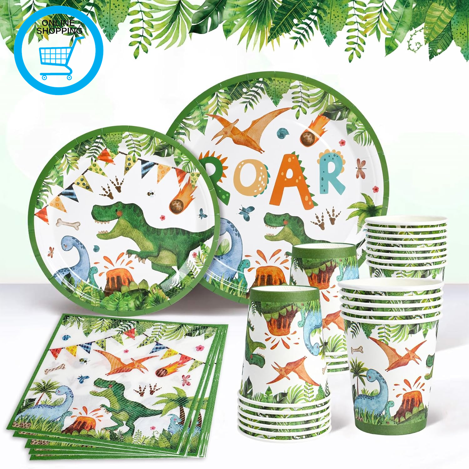 Dinosaur Paper Plates Cups and Napkins Set - 96Pcs Dinosaur Party Tableware Set,