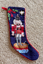 Vintage Needlepoint Christmas Stocking Nutcracker Toy Soldier Red Velvet