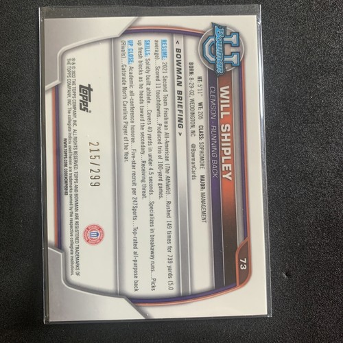 2022 Bowman U Chrome 1st Will Shipley RC /299 Aqua Refractor Clemson Tigers - Picture 2 of 3