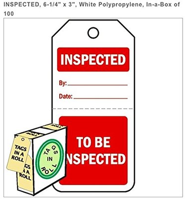 INSPECTED, 6-1/4'' X 3'', WHITE POLYPROPYLENE, IN-A-BOX OF 100 