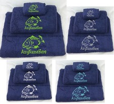 Carp Fish Personalised Embroidered Navy Towel set Choice of sizes with Name/text