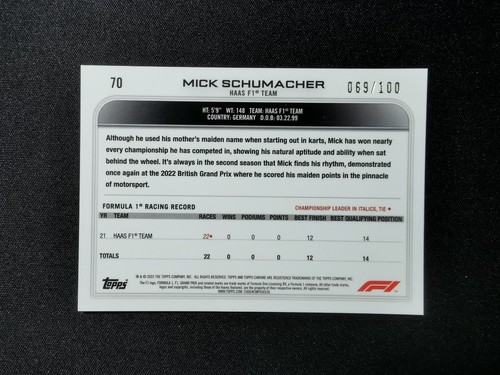 2022 Topps Chrome Sapphire Formula 1 F1 Mick Schumacher #70 Sepia /100 - Picture 6 of 7