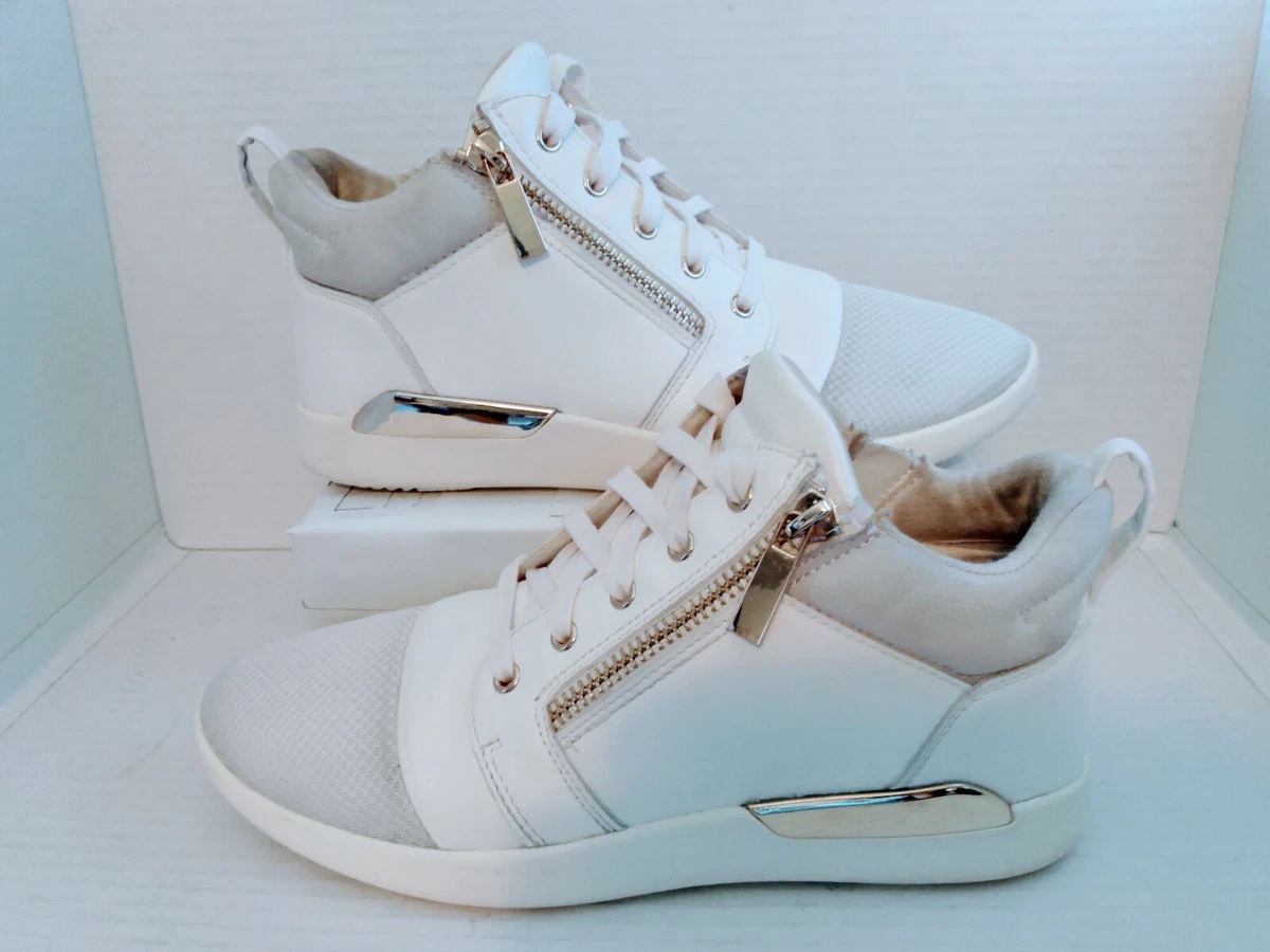 ALDO Women s Size 9 Side Zipper Naven Sneaker White with Gold