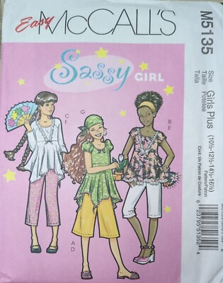 McCall's M5135 Sewing Pattern Sassy Girl Tops Pants Sz 10.5-16.5 UNCUT Free Ship