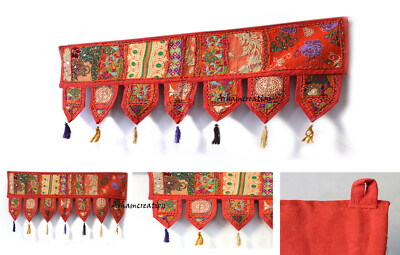 Embroidery Patchwork Toran, Handmade Orange Wall Hanging, Vintage Door Valance