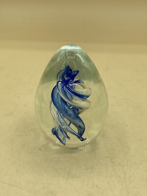 Art Glass Oval Egg Shaped Paperweight Blue Clear White Twirl Spiral 3 1/2'' tall
