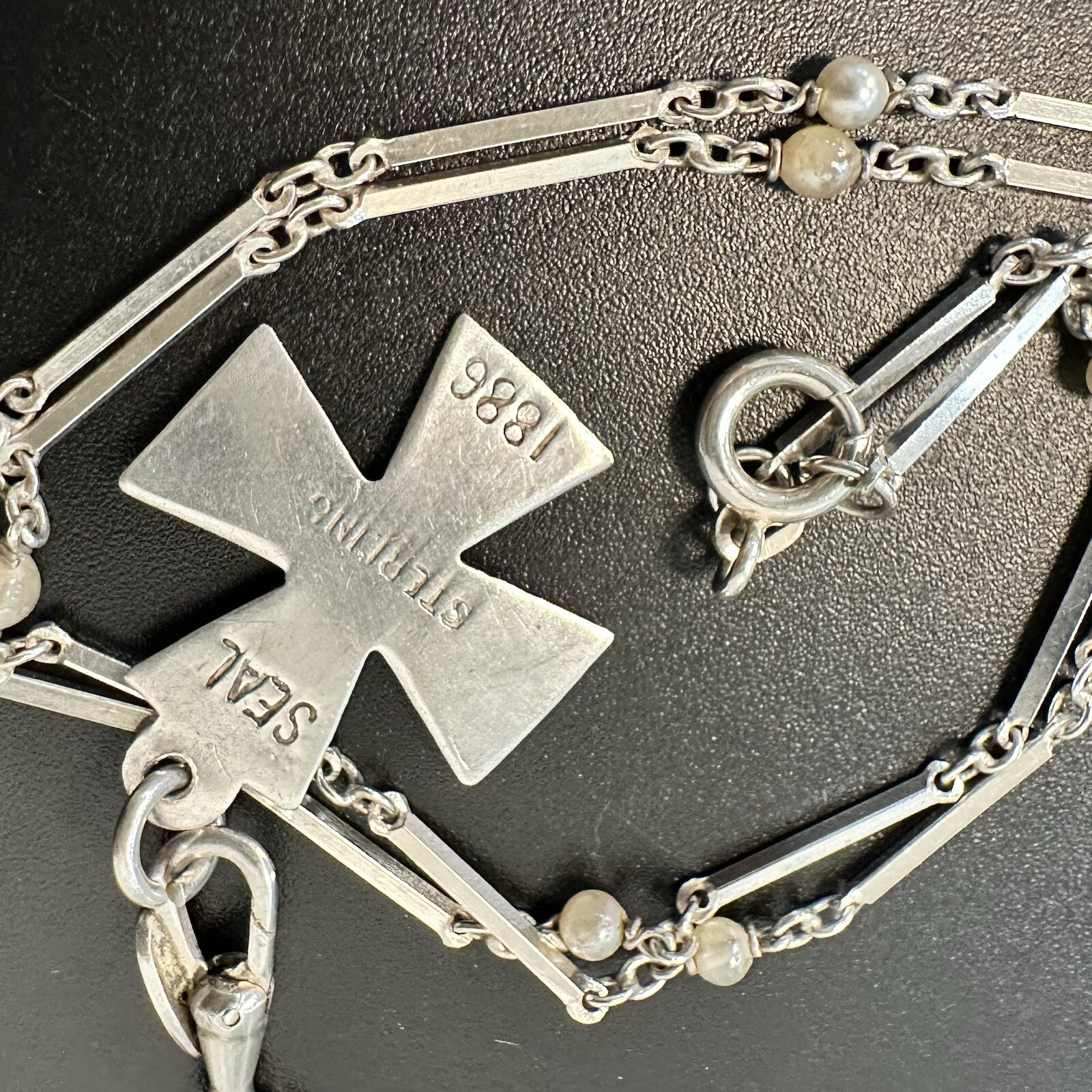 ANTIQUE ESTATE 800 SILVER CHATELAINE NECKLACE 27” w/ STERLING IHN CROSS PENDANT