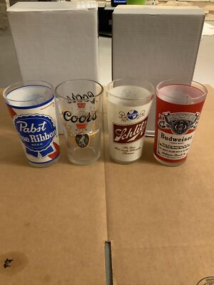 Lot of 4 70 s Beer Glasses COORS Pabst Blu Ribbon Schlitz Budweiser