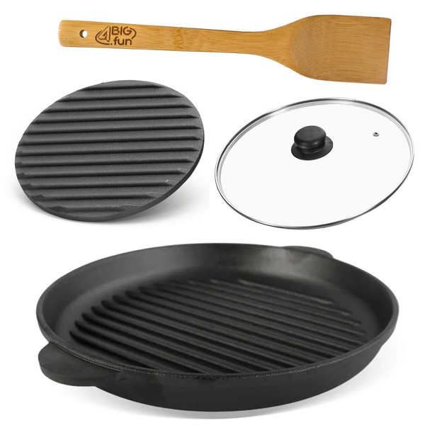 Ø28Cm Grillpfanne Gusseisen BräTer Pressdeckel Glasdeckel Schmortopf Zwei Griffe-image