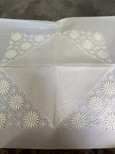 Vintage Ivory Linen Embellished Daisy Corners Hankie VGC Wedding Bridal  