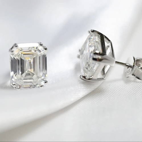 4ct D VVS1 Emerald Cut Moissanite Women's Stud Earrings 18K White Gold Plated - Picture 6 of 12