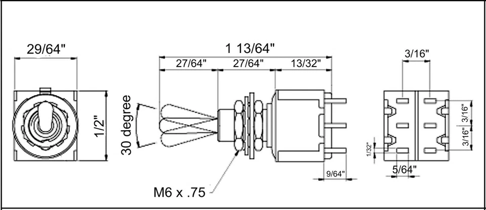 Switch Mini Toggle ON OFF ON Black with Black Knob 081382BK - Image 4 of 4