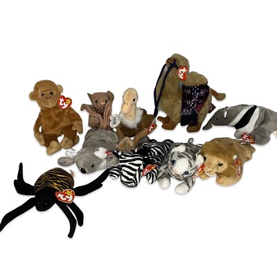 Vintage Lot Of 10 TY Beanie Babies Camel, Monkey, Ostrich, Lion, Anteater + More