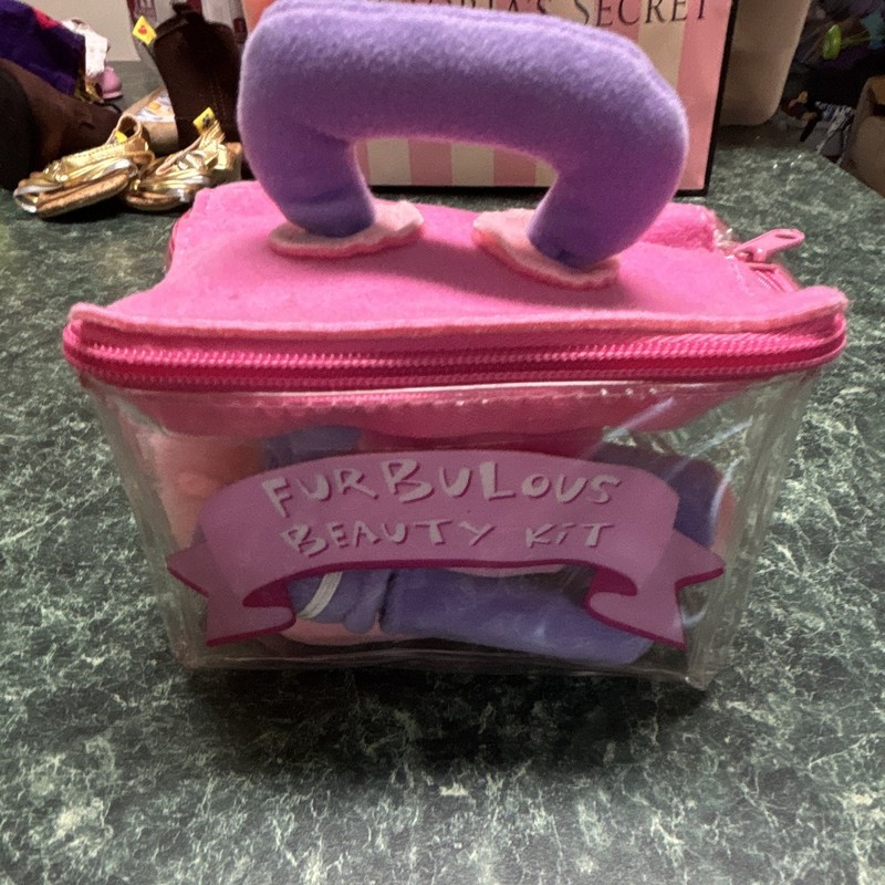 Plush Beauty Kit Bag Set Pink/Purple w/ Hair Dryer, Brush, Lipstick & Compact