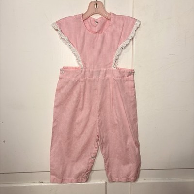 Vintage 60s Baby Girl Pink Gingham Zona Lee California Overall Bib Jumpsuit