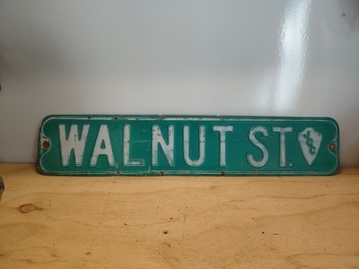 Vintage Walnut  St Green White Metal Street Sign JCC in Arrowhead Emblem ,heavy 