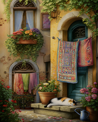 8x10 Cozy Storybook Cat Sleeping on Step Art Print Cottagecore - 947512836