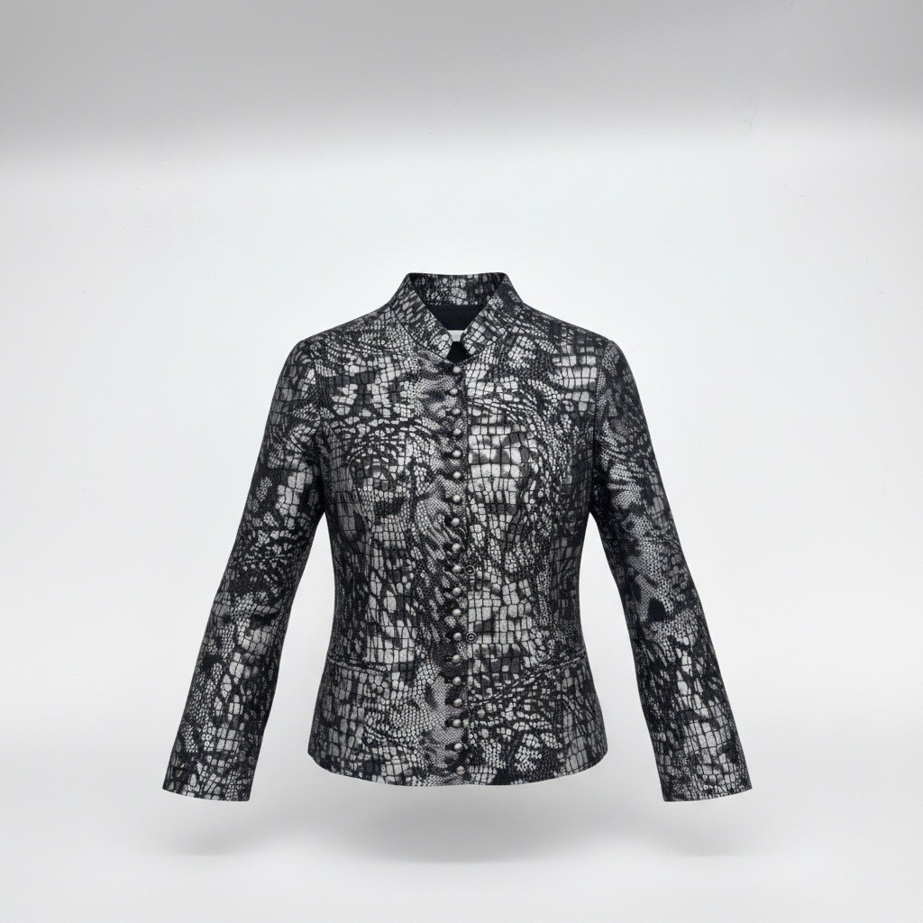 Chicos Metallic Silver Black Snakeskin Crocodile Print Mock Neck Jacket Size 1