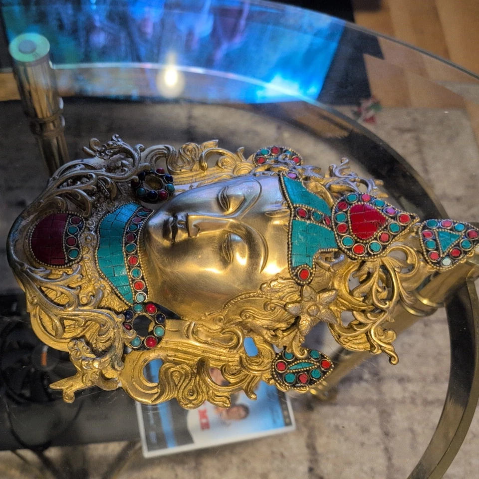 Бронзовый контур в золотой мозаике драгоценный камень бирюза белый Тара Будда голова маска - Изображение 2 из 4