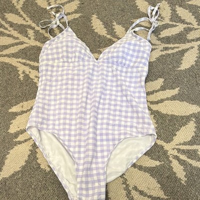 Kona Sol Women's One Piece Swimsuit Purple/White Gingham Tie Straps Size L