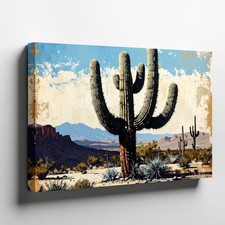 Canvas Wall Art a Weathered Desert Painting Featuring a Tall Cactus Standing