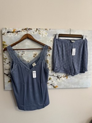 NWT Soma Cool Nights PJ Set M Blue w Lace Cami & Blue w Ivory Polka Dot Shorts