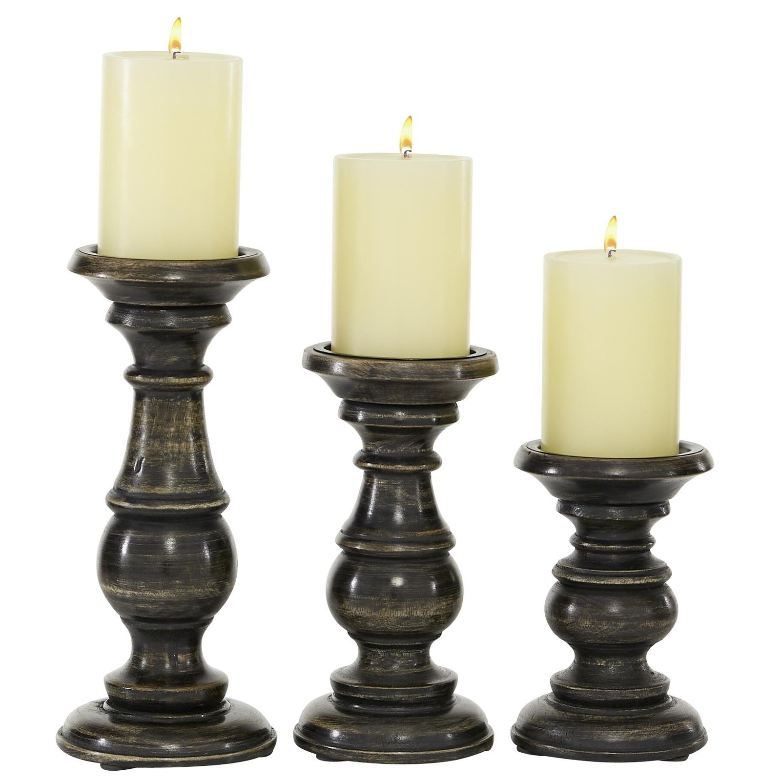 Mango Wood Turned Style Pillar Candle Holder (Set of 3) - White, Brown,...