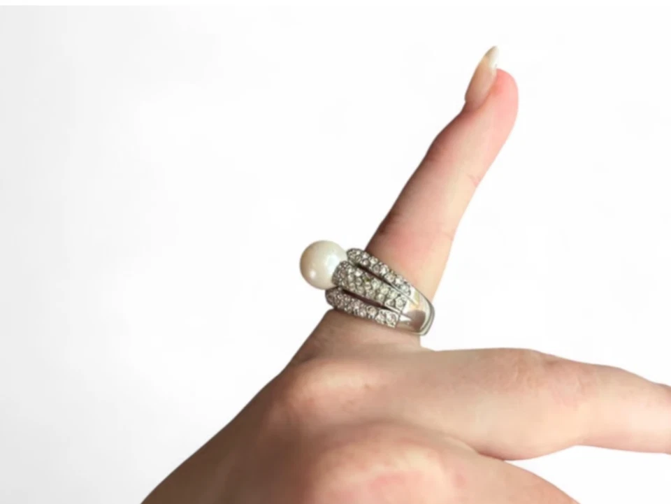 Anillo de diamantes de 3 capas de 1,8 CTW con perla de 10 mm - Anillo de plata de triple banda 14K Foto 3 de 4