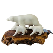 Polar Bear and 2 Cubs Sculpture from John Perry  Burlwood Wood Slab Bear Family