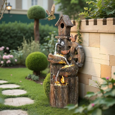 #ad 2 in 1 Outdoor Water Fountain with Birdhouse Tree Trunk Outdoor Water Feature $127.99