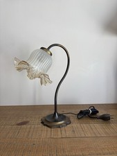 Ancien Lampe à Poser/de Chevet Bronze Col de Cygne Tulipe Verre Fleur Art Déco