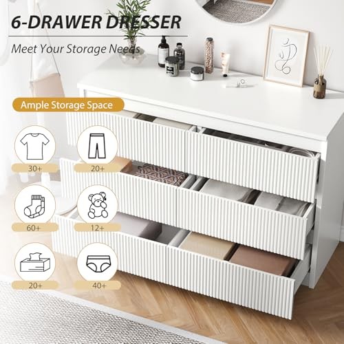 6 Drawer Dresser for Bedroom, Modern Fluted Dresser with Deep Drawers, White - Picture 5 of 6