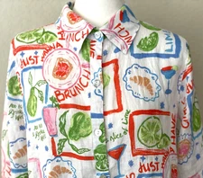 CYNTHIA ROWLEY Linen Long Sleeve Button Up Brunch Print Shirt Wms Sz L