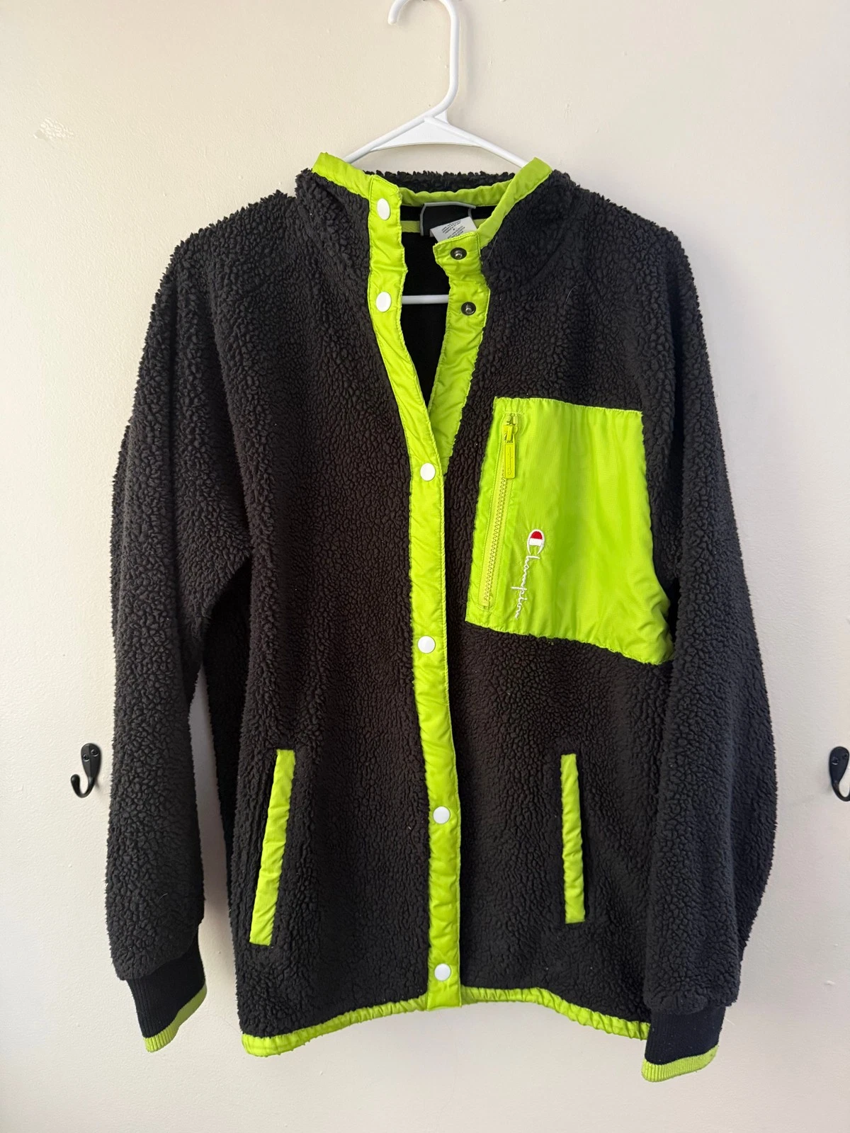 Champion Mens Sherpa Fleece Jacket M Black Neon Green Snap Up Coat Logo