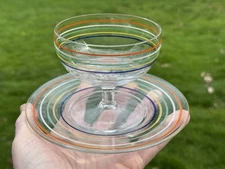 Anchor Hocking Stripes Depression Glass Sherbet Ice Cream Bowl Saucer 2 pc. Set