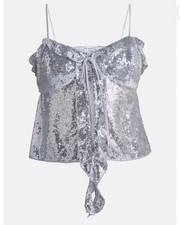 No Boundaries Silver Sequin Camisole Top M Adjustable Strap Tie Front