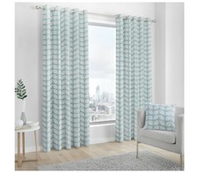 Duck Egg Blue Ring Top Curtains Leaf Pattern Lined Pair sizes 66-90inch Delft