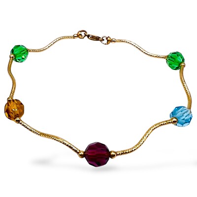 14k Gelbgold Barren Multi-Color Facettiert Kristall Regenbogen Armband 7''