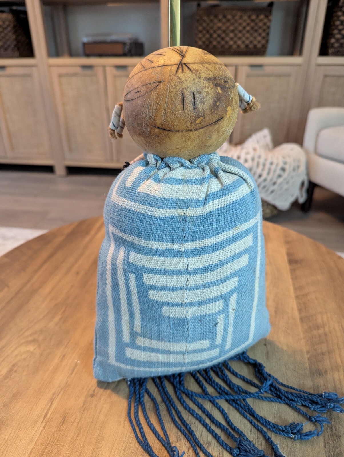 African Mali Doll in Calabash and Handmade Bogolan, Mother And Child (On Back)