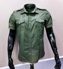 Men's Tan Brown Real Cow Leather Shirt Highway Police Uniform Breeches Cowhide