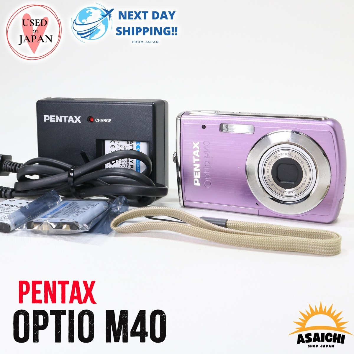 Pentax Optio M40 Pink Battery Charger Compact Digital Camera USED 