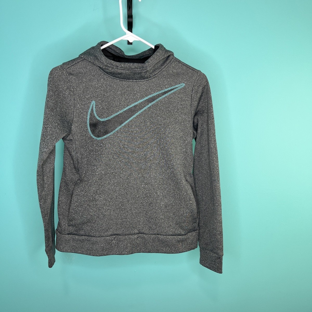 Nike Hoodie Boys Dri Fit Cowl Neck Light Gray/teal Pullover Size