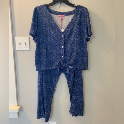 Hale Bob blue Heather two piece pajama set. Cropped loose fit bottoms with top