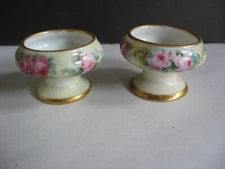 Pair Of Antique Austrian Hand Painted PINK ROSES Open Salt Cellars Dips