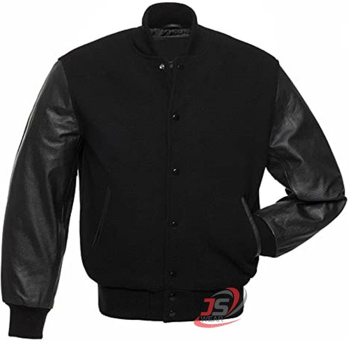 Varsity Bomber Letterman Solid Black Wool & Real Cowhide Leather Sleeves Jackets - Picture 3 of 5