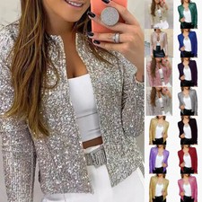 Women's Sparkly Sequins Long Sleeve XMAS Coat Jacket Blazer Party Tops Cardigans